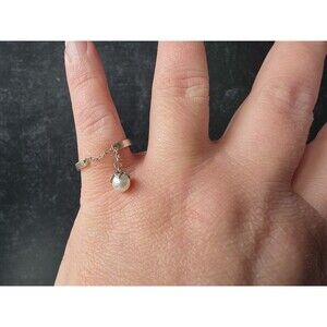 925 Sterling Silver Dangling Faux Pearl Flower Charm Ring Size US 8 Vintage